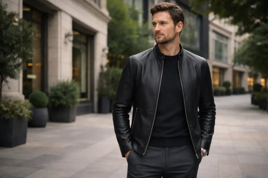 Man med svart snygg läderjacka